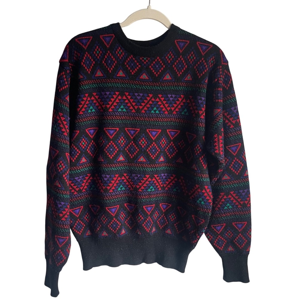 VTG‎ Meister Wool Blend Geometric Sweater 80s Ski Knit M,Made in Hong Kong